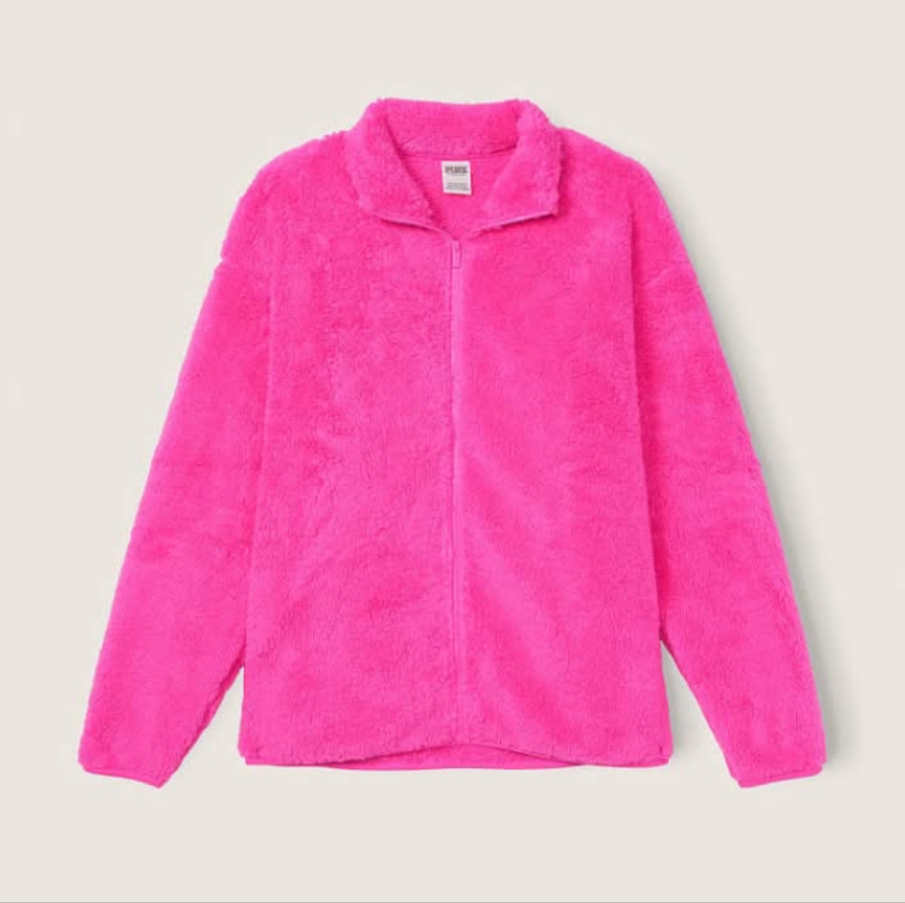 PINK VS Full Zip Up Teddy Jacket Atomic Pink NWOT - Picture 2 of 5